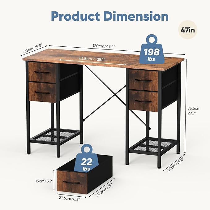 DUMOS Computer Desk 47 Inch with 4 Drawers Home Office Table with Mesh Shelf for Work Study Writing Gaming Storage Furniture for Bedroom Rustic Brown