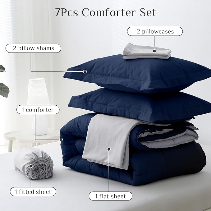 JOLLYVOGUE California King Comforter Set Ultra-Soft Cal King Size Comforter Sets 7-Piece Bed in a Bag Goose Down Alternative Oeko-TEX Certified Sheets &amp Pillowcases Navy Blue &amp Light Gre