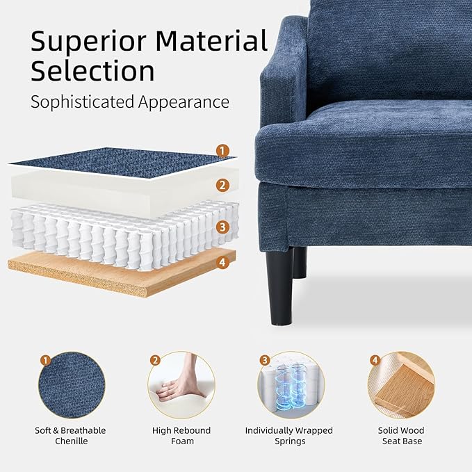 Mid-Century Modern Accent ChairBlue Armchair Comfy Living Room ChairsSofa Chair for Bedroom Apartment Studio Waiting Room Ideal as Readingchair with Plastic Legs