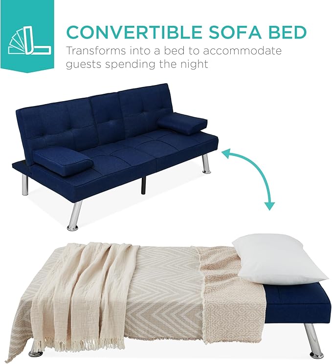 Best Choice Products Linen Modern Folding Futon Reclining Sofa Bed for Apartment Dorm w/Removable Armrests 2 Cupholders - Dark Blue