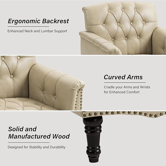 Faux Leather Accent Chair PU Leather Modern Comfy Upholstered Armchair with Wood Legs &amp Nailhead Trim for Living Room Bedroom (BeigeSet of 1)