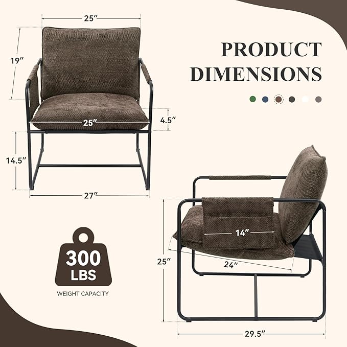 Accent Chair with Metal Frame Upholstered Living Room Chairs with Cushions Comfy Reading Armchair for Bedroom Brown