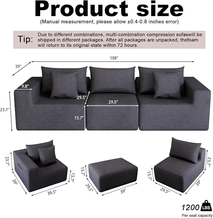 Modular Cloud Sectional Sofa Fluffy Comfy Boneless Couch with Deep Seatversized Convertible Sectional Sofa Couch for Living Room Bedroom Office Apartment (Gray 108”L)