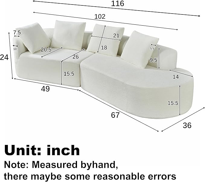 Merax 116 Curved Polyester Sectional Sofa Modern Pearl Upholstery 3 Seat Cloud Couch with Chaise Lounge &amp 4 Pillows for Living Room Beige