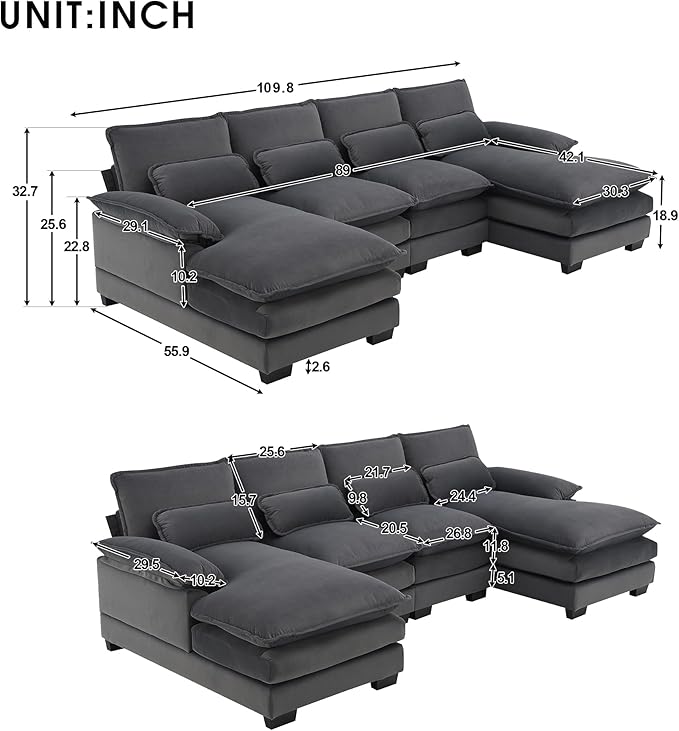 Modern U-Shaped Sectional Sofa with Waist Pillows6-seat Upholstered Sleeper Sofa Couch with Chaise Loungefor Living Room Office Apartment (Gray@Velvet)