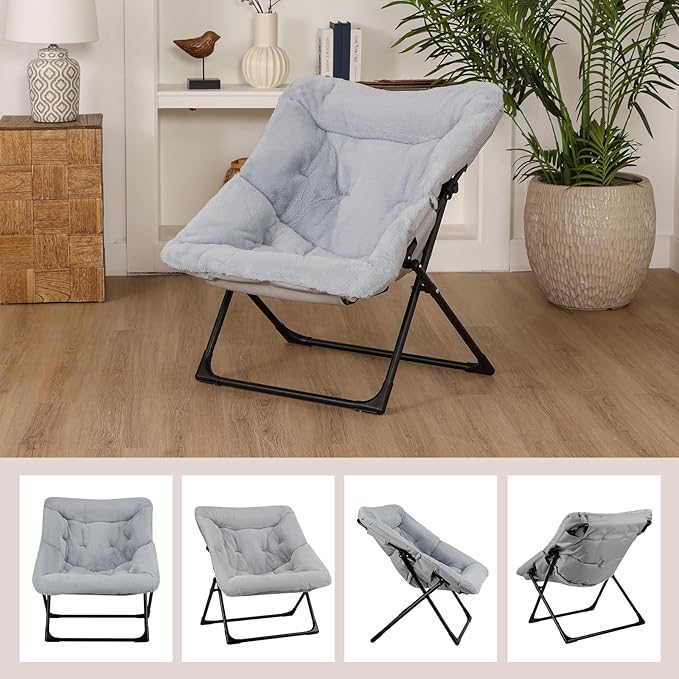 Comfy Saucer Chair for Adults Soft Faux Fur Bedroom Chair Accent Dorm Chairs Flexible Living Room Reading Chairs Oversized Folding Seat for Teens X-Large Grey
