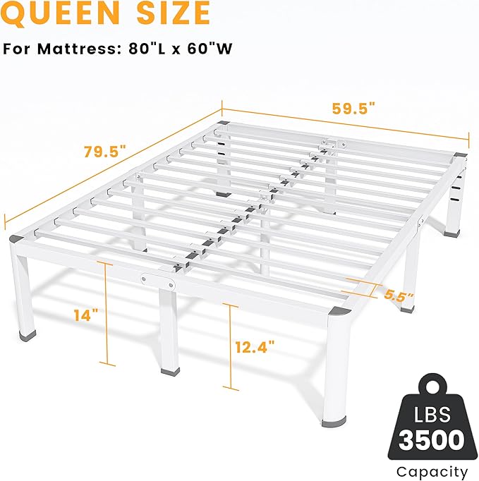 14 Inch Queen Bed Frame Metal Platform Bed Frame with Round Corner Legs 3500 lbs Heavy Duty Steel Slats Support No Box Spring Needed Noise Free Easy Assembly White