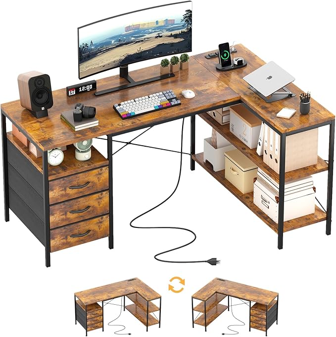 MUTUN L Shaped Computer Desk with 3 Drawers &amp Power Outlets 47 Inch Corner Desk with Reversible Storage Shelves PC Table for Home Office Bedroom (Rustic Brown 47 Inch)