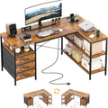 MUTUN L Shaped Computer Desk with 3 Drawers &amp Power Outlets 47 Inch Corner Desk with Reversible Storage Shelves PC Table for Home Office Bedroom (Rustic Brown 47 Inch)