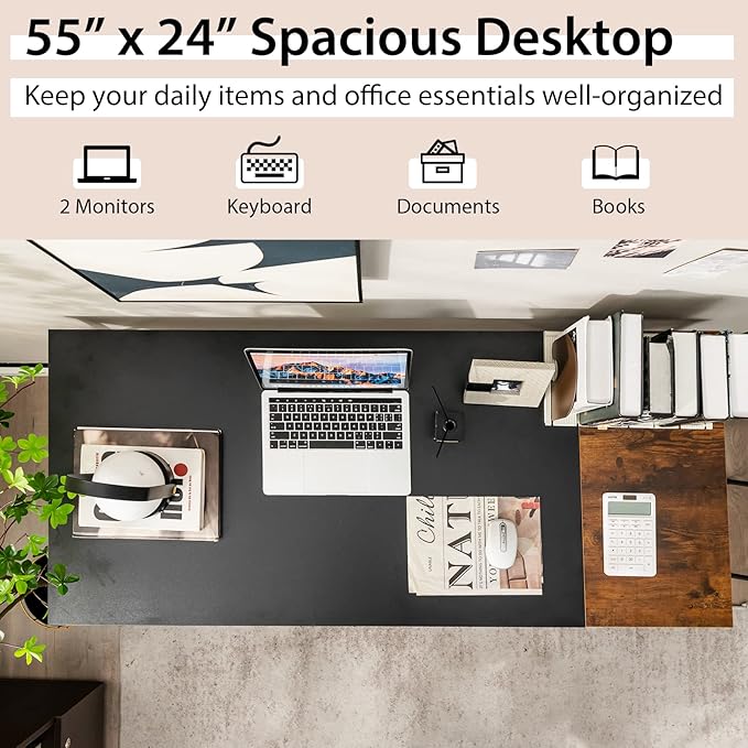 Multifunctional Computer Desk Industrial Study Writing Desk w/Removable Storage Shelf Heavy-Duty Metal Frame 55 Inch Desk for Home Office Gaming Room Bedroom (Black)
