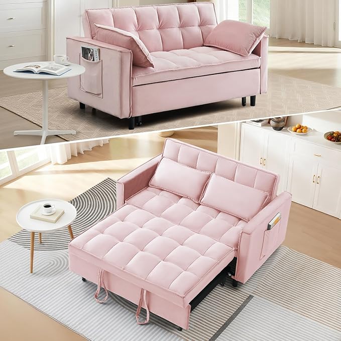 3 in 1 Convertible Sleeper Sofa Bed Modern Velvet Loveseat Pull-Out Couch w/Pullout Bed Small Love Seat Lounge Sofa w/Reclining BackrestToss Pillows Pockets for Living Room (Pink 55.1)