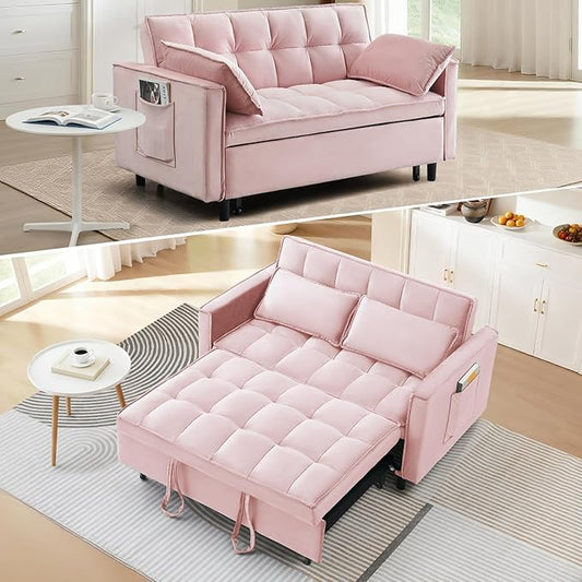 3 in 1 Convertible Sleeper Sofa Bed Modern Velvet Loveseat Pull-Out Couch w/Pullout Bed Small Love Seat Lounge Sofa w/Reclining BackrestToss Pillows Pockets for Living Room (Pink 55.1)