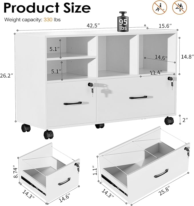 2 Drawer Wood Mobile Large Lateral File Cabinet Lockable Rolling Filing Cabinet with Storage Shelves Printer Stand Office Storage Cabinet for Home Office Fits Files Legal/A4 White
