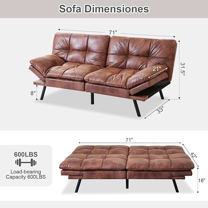 Opoiar Futon Sofa Bed Modern Memory Foam Futon Sofa Bed Couch Sleeper Convertible Futon Couch Christmas Memory Foam Couch Convertible Loveseat for Living Room Apartment Studio Brown (267PU-CH)