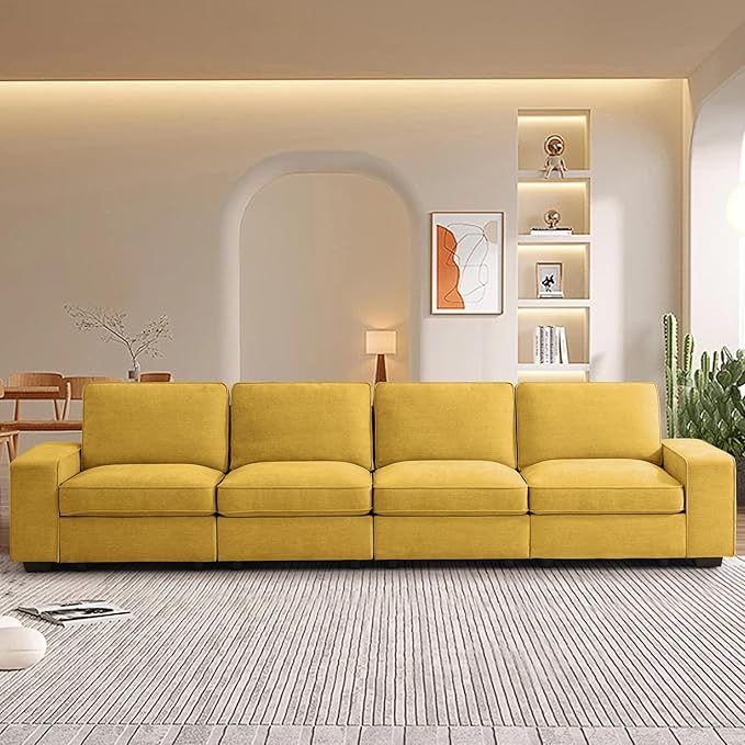 TEKAMON 128 Modular Sofa Couch with Seat Storage Chenille SofaModern Comfy 4-Seater Couch for Living Room Office Apart W/Deep Seat Wide Armrest USB Pockets Removable Covers (Yellow)