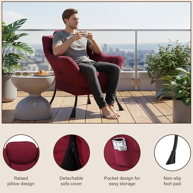 Welnow Lazy Chair for Living Room Modern Reading Accent Chair with Armrests and a Side Pocket Leisure Upholstered Lazy Sofa for Small Space Bedroom Dorm Burgundy