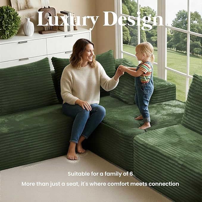 135'' Boneless Couches for Living Room Oversized V-Shaped 6-Seat Faux Fur Convertible Modular Sectional Cloud Sofa 4-in-1 Flexible Combination Deep Seat Corner Large Couch No Assembly Green