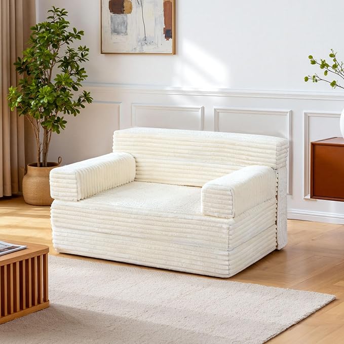 Folding Sofa BedConvertible Sofa Bed with Armrest Foldable Sleeper Chair Portable Folding 4-in-1 Floor Sofa with Convertible Lounge Chair for Living RoomBedroomWashable CoverWhite Single