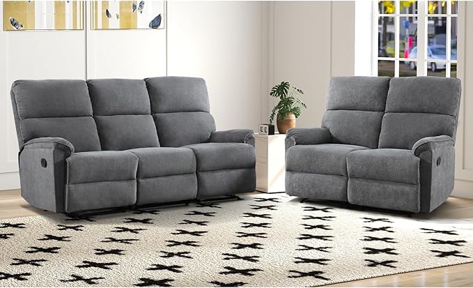 EBELLO Fabric Manual Reclining Sofa Set Recliner Loveseat and 3 Seat Sofa Couch with Sturdy Robust Metal Base 5 Seats for Small Living Room Bedroom and Meeting Room Grey