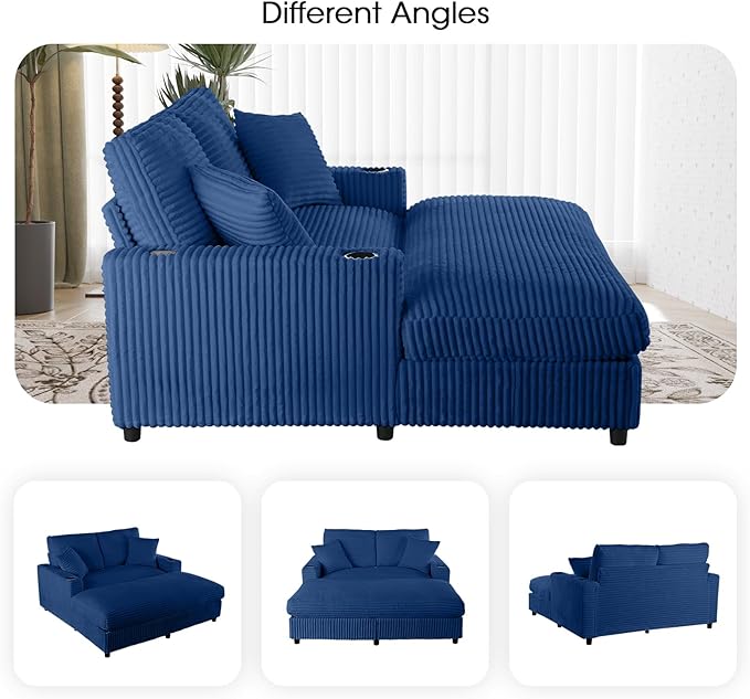 64 Chaise Lounge Indoor Reading Chair with 2 Pillows USB Charger Cup Holder Corduroy Sofa Bed Lazy Sleeper Couch Oversized Chaise Lounge Chair for Apartment Blue