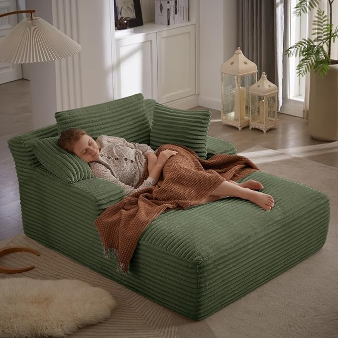 67 Inch Chaise Lounge Chair Indoor Oversized Corduroy Upholstered Boneless Sofa Bed Deep Seat Sleeper Couch Reading Chairs Cloud Sofas Couches for Living Room No Assembly Required (Olive Green)