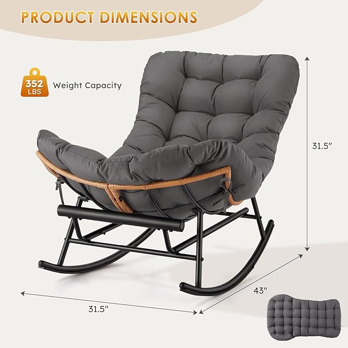 GAOMON Papasan Rocking Chair with Foot Rest Papasan Chair with Thick Removable Cushion and Metal Frame Lounge Chairs and PE Rattan Rocker for Patio Garden Lawn Living Room and Relaxation Space