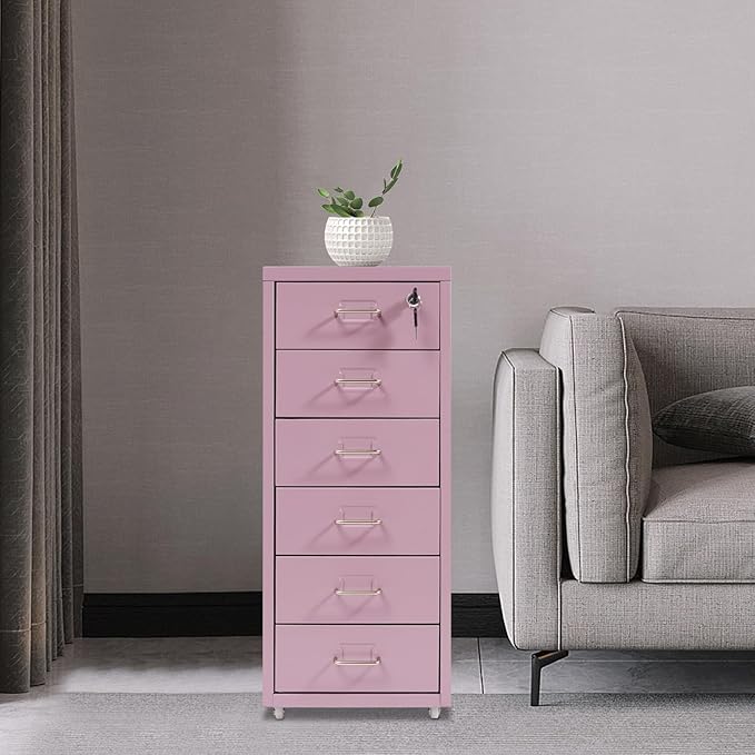 6-Drawer Metal File Cabinet Mobile File Cabinet with Lock Rolling Vertical Filing Drawers Under Desk for Home Office 11 * 16 * 27in (Purple)
