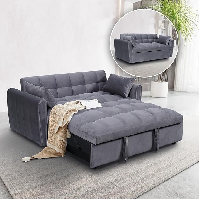 64.9 Velvet Convertible Sofa Bed 3-in-1 Sleeper Loveseat with Adjustable Backrest &amp Storage Pocket Modern Futon for Small Spaces Apartment Living Room Office (Grey)