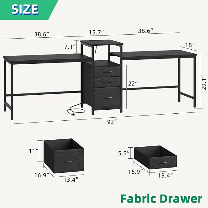 GYIIYUO 93'' Two Person Gaming Desk with Charging Station Long Desk with 3 Drawers and Printer Shelf Double Computer Desk 2 Person Writing Study Table Workstation for Home Office Black