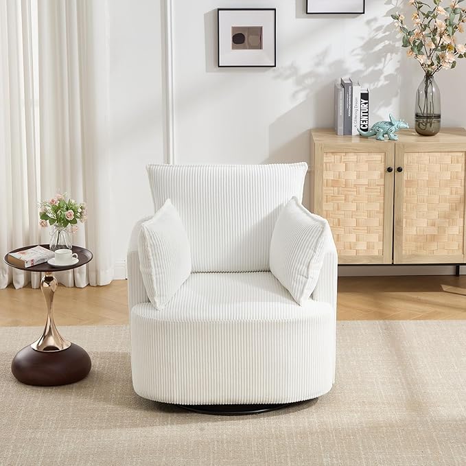 360° Swivel Accent Armchair Chair White Swivel Round Barrel Chair with 2 Pillows Upholstered Corduroy Accent Chairs for Living Room Bedroom Reading