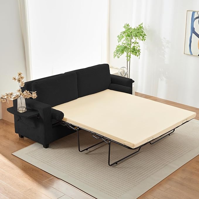 Mjkone 82 Width Queen Size Pull Out Sofa Bed Sleeper Couch with Pull Out Beds 2-in-1 Convertible Corduroy Loveseat Sleeper Sofa Couch Bed with Folding Mattress for Living Room Home Apartment Black