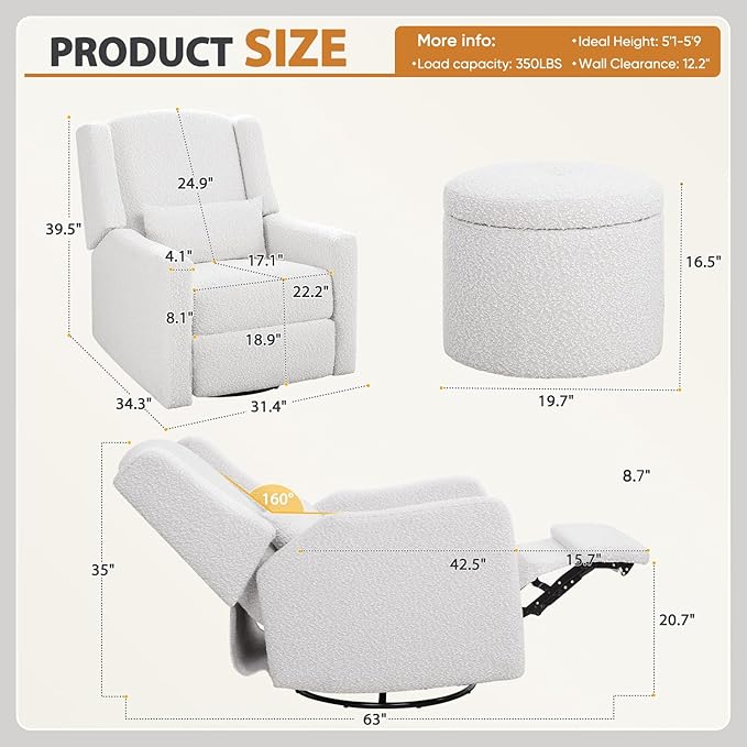 Power Recliner Chair Swivel Glider Large Rocker Recliner w/USB Charging Port Boucle Upholstered Swivel Rocker Glider Recliner for NurseryBedroomLiving RoomSet of 2Cream