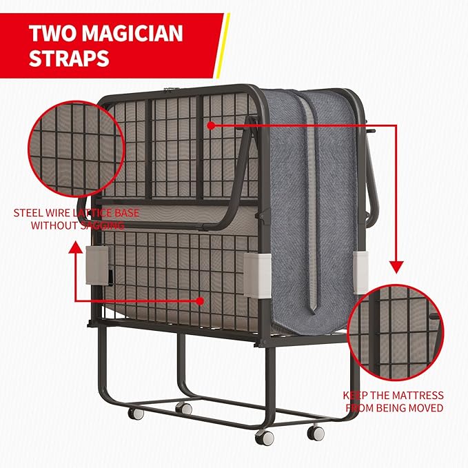 PUREMIND 75 x 38 Folding Bed with 4 Inches Mattress Portable Rollaway Guest Beds for Adults with Metal Frame &amp Swivel Wheels Twin Size Foldable Bed Fold Away Beds Space Saving