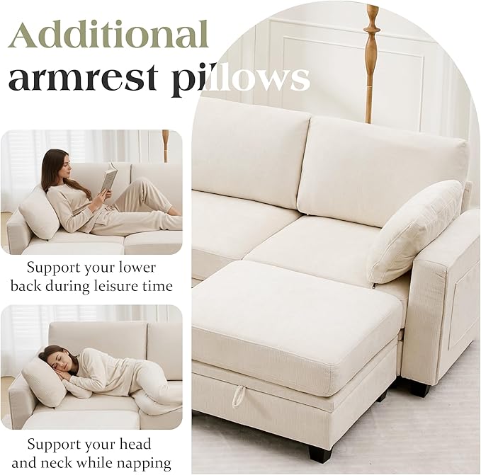 TUNYI 130 Sectional Couch with Storage Oversized Chenille Modular Sectional Sofa for Living Room Convertible Deep Seat Sofa Couches with Ottoman Armrest Pillow (Beige)