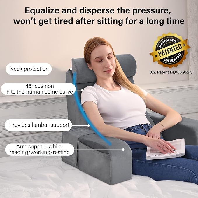 ENITYA Reading Pillow for Sitting in Bed Adult 19 Back Support Pillow for Bed Sitting up Backrest Cushion for RecliningGamingRestingWatching TV in Couch or Floor Wedge with Arms Medium(Grey)