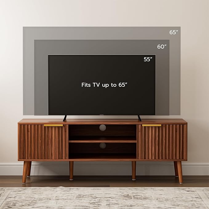 TV Stand for Living Room Mid Century Modern Entertainment Center for 55/60 inch TVs TV Console with Fluted Door Cabinets and Open Shelves for Bedroom Walnut