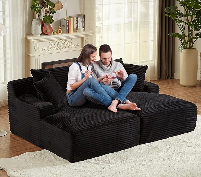 Oversized Double Chaise Lounge Chair IndoorWide Corduroy Boneless Chaise Lounges Sofa Comfy Upholstered Sectional Cloud Couch No Assembly Required Loveseat Sleeper Chair Bed for Living Room(Black)