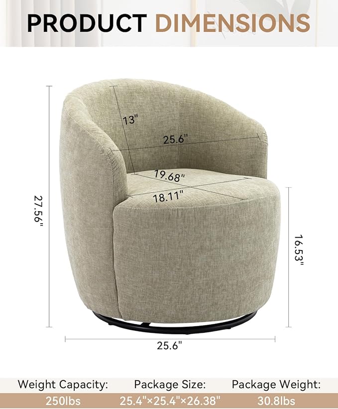 360 Degree Swivel Accent Chair Modern Barrel Vanity Chair with Back Comfy Single Circle Couch for Living Room Bedroom Reading Nook (Chenille Light Green)