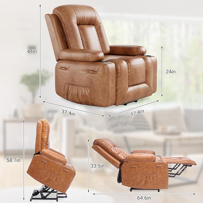 Power Lift Recliner with Heat and Massage – Adjustable Reclining Chair for Elderly with Cup Holders Side Pockets and USB Port for Living Room 22 Seat Brown