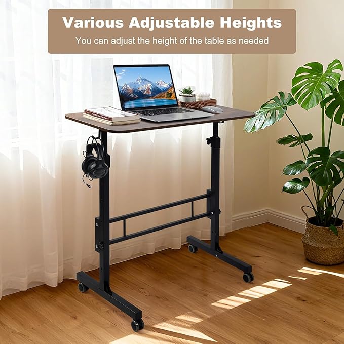 Standing Desk Adjustable Height Rolling Walking Pad Desk Small Mobile Table with Wheels Portable Stand Up Table for Standing or Sitting Size 31.5x15.7 Inch Rustic