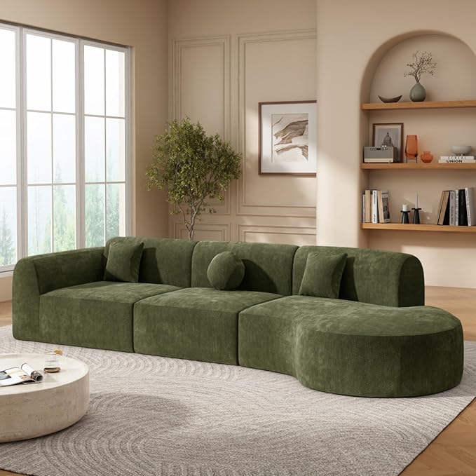 140 Modern Curved Sectional Sofa with High-Density Fully Compressed Sponge and Chaise Lounge 3-Piece Set Fully Assembled Right Hand Facing Perfect for Living Room Lounge (Green)