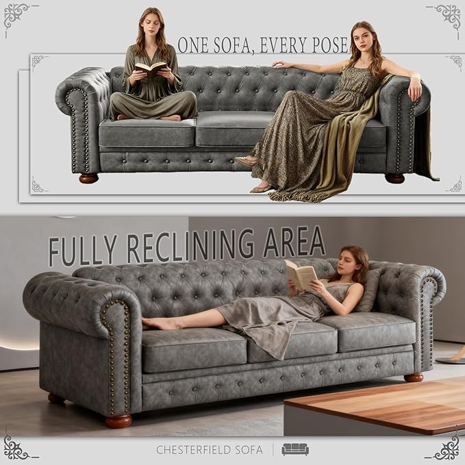 Dreamzie 89 Chesterfield Sofa Couch 3-Seater Leather Vintage Couch Mid Century Modern Sofa with Rolled Arm for Living Room Office Grey