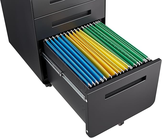 3 Drawer Mobile File Cabinet Under Desk OfficeSimple Style Versatile Storage Cabinet for Legal/Letter/A4 Files 5 Wheel Design Anti-Tilting Cold Rolled Steel Waterproof Moisture-Proof Black