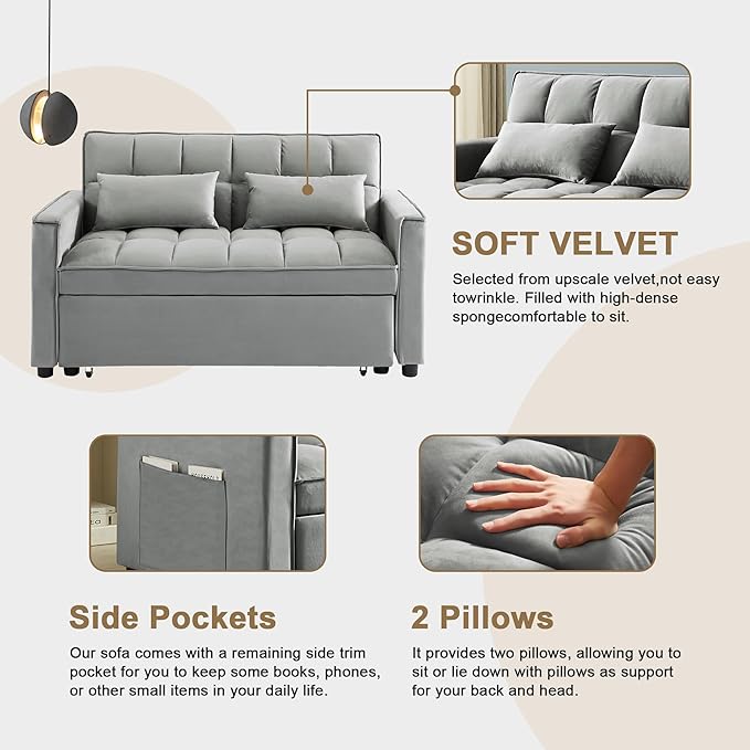 55'' 3-in-1 Sleeper Loveseat 2-Seater Pull Out Couch Velvet Futon Sofa Adjustable Backrest Reclining Sofa Bed with Pillows Pockets Perfect for Small Spaces Living Room Furniture Grey