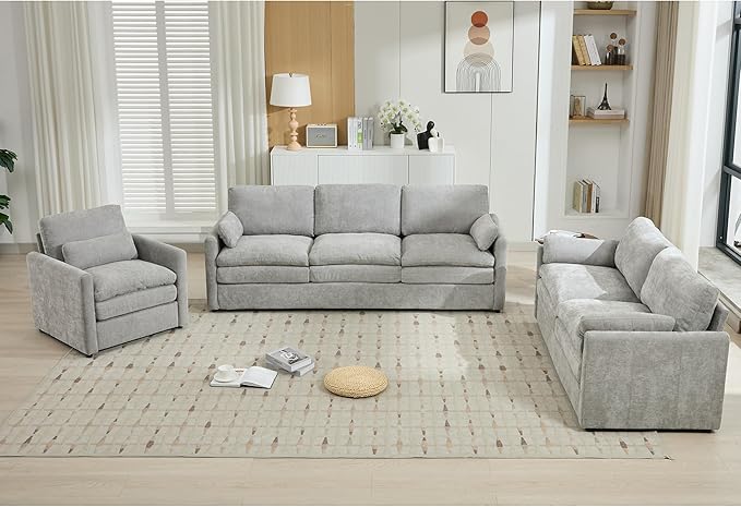 3-Piece Cozy Upholstered Sofa Set Upholstered Sofa Set with Single Sofa Loveseat and 3-Seater Sofa Oversized Comfy Cloud Sofa for Living Room Office Apartment (Light Grey-4c)