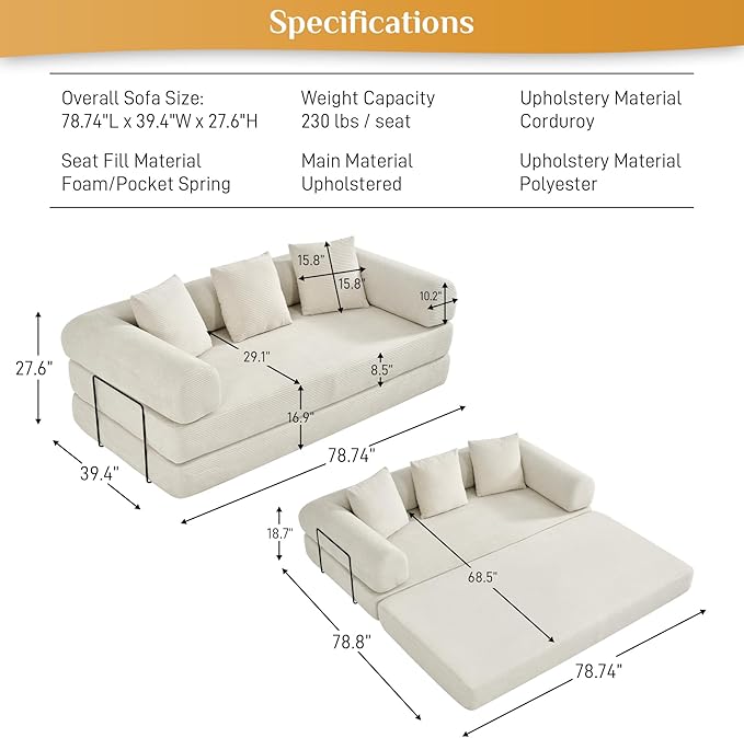 Convertible Sofa Bed Corduroy Memory Foam Compression Sofa Modular Floor Sofas with Pull-Out Bed Compressed Couch in Box Foldable Sleeper Couch Bed for Living Room Bedroom Lounge Beige White