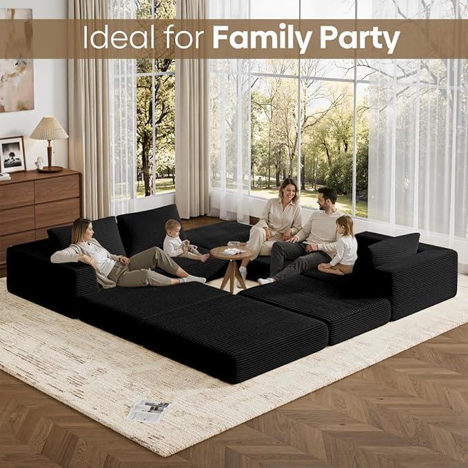 L-Shaped Corduroy Modular Sectional Couch Modern Floor Couch Sofa for Apartment Living Room Convertible Sleeper Sofa Bed with 3 Pillows No Assembly Required Black
