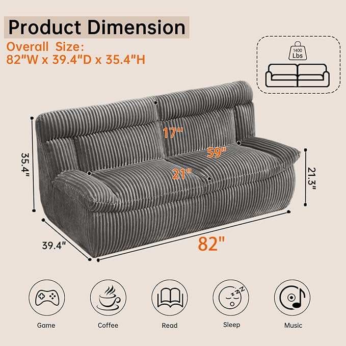 82 Boneless Corduroy Loveseat Sofa for Living Room Oversized Cloud 2-Seater Couch with Deep Seat Comfy Corduroy Couches Sofa with Memory Foam Grey Love Seat Couch No Assembly Required