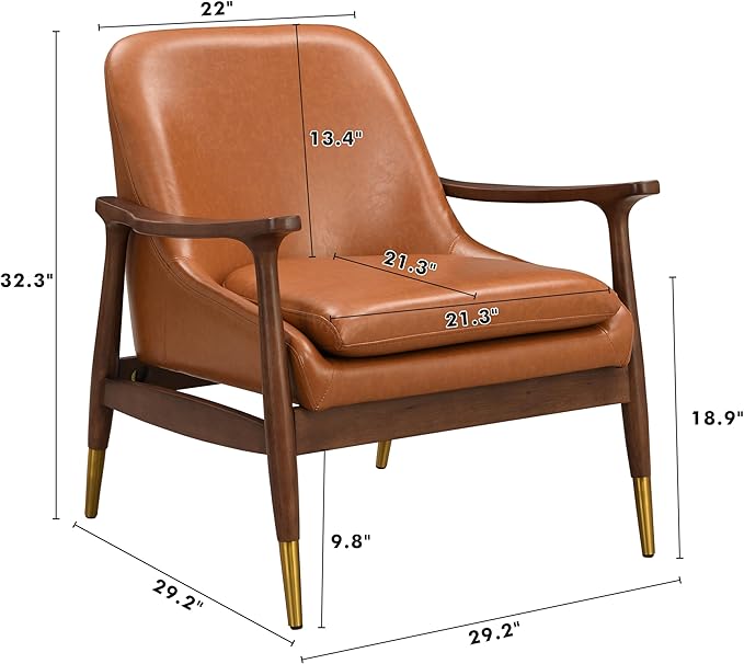 29.2 Mid-Century Modern Faux Leather Accent Chair with Padded Seat Solid Wood Frame &amp Brass Leg Caps - Perfect for Living Room Bedroom or Office Lounge (Brown)