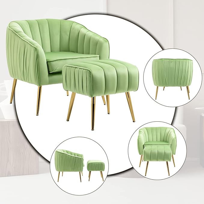 Velvet Accent Sofa Chair with Ottoman Comfy Living Room Chairs with Adjustable Legs Modern Upholstered Tufted Lounge Barrel Chair Ottoman Set for Bedroom Home Office (Grass Green)